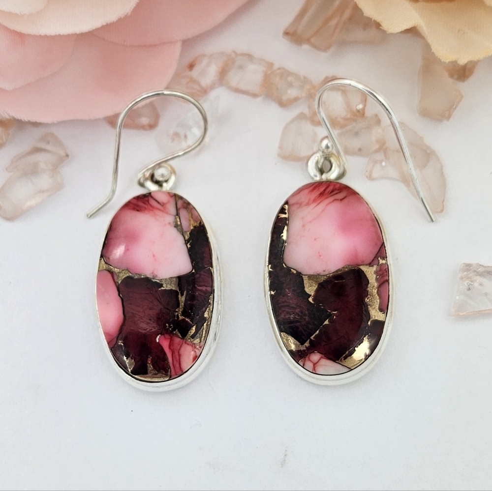 Red Rose Dahlia Gemstone Oval Earrings